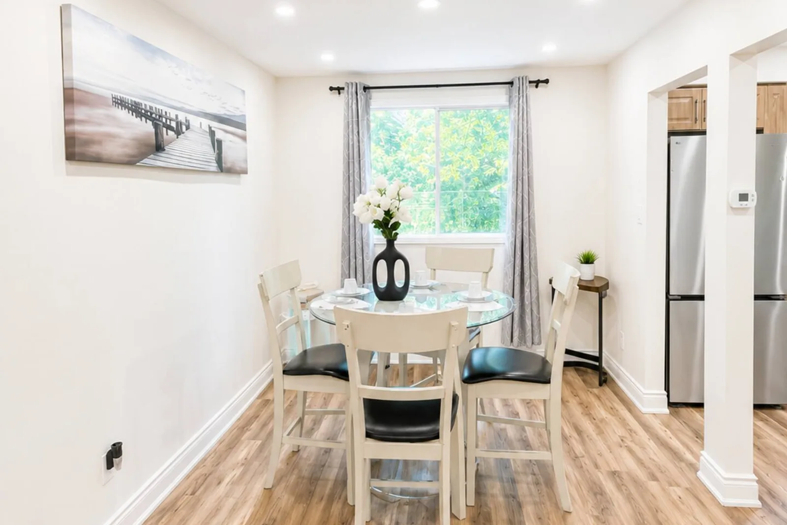 Dining area with a table and seating
